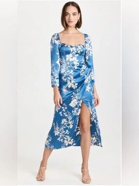 Reformation Mara Dress in Cyanotype Blue and White Floral Square-Neck Midi Dress